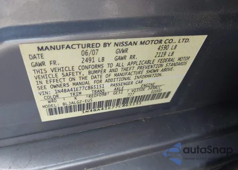 2007 Nissan Maxima 3.5 Sl z USA, uszkodzony, nr VIN 1N4BA41E77C865151